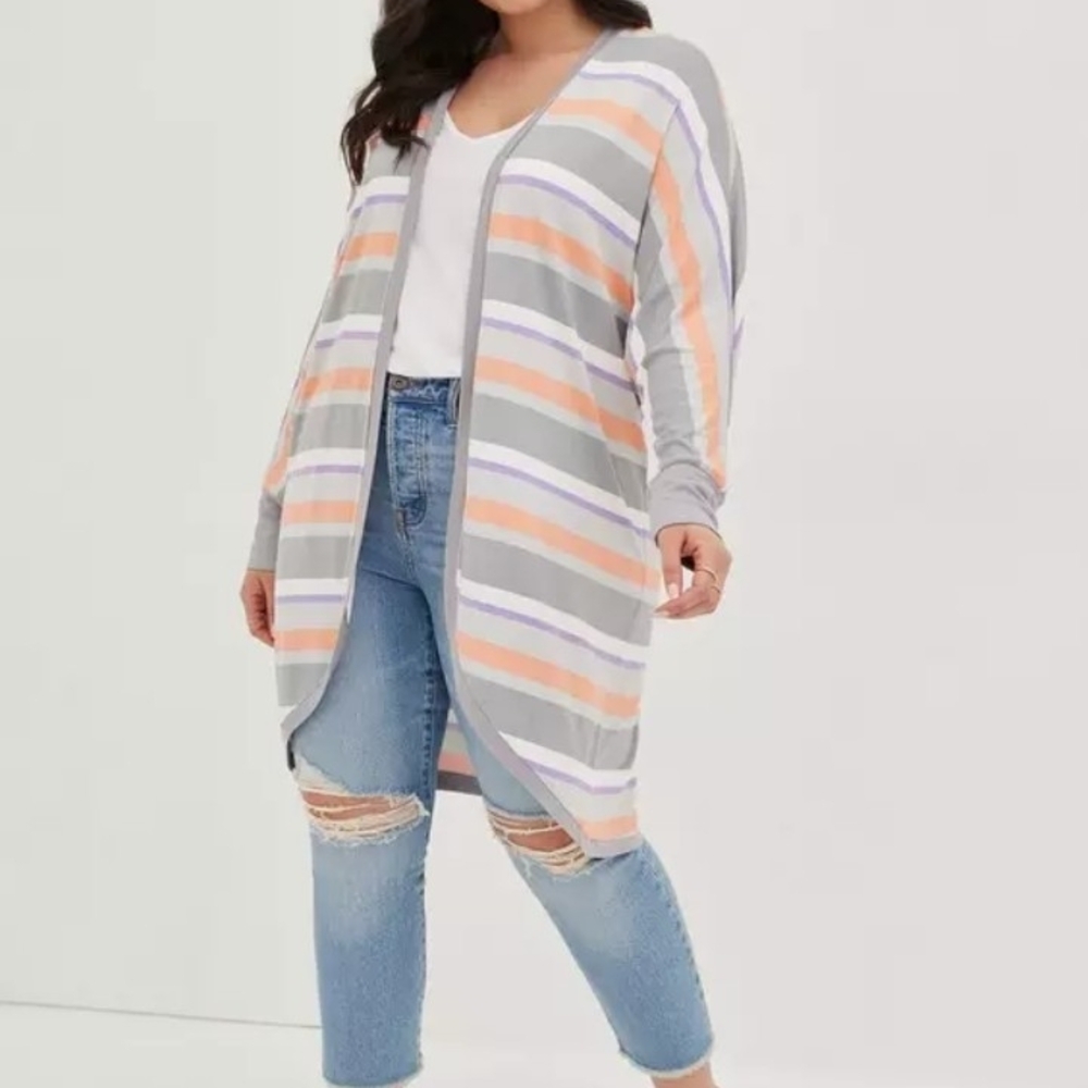 Torrid Super Soft Knits Cocoon Kimono Open Front Gray Striped Cardigan Size 2